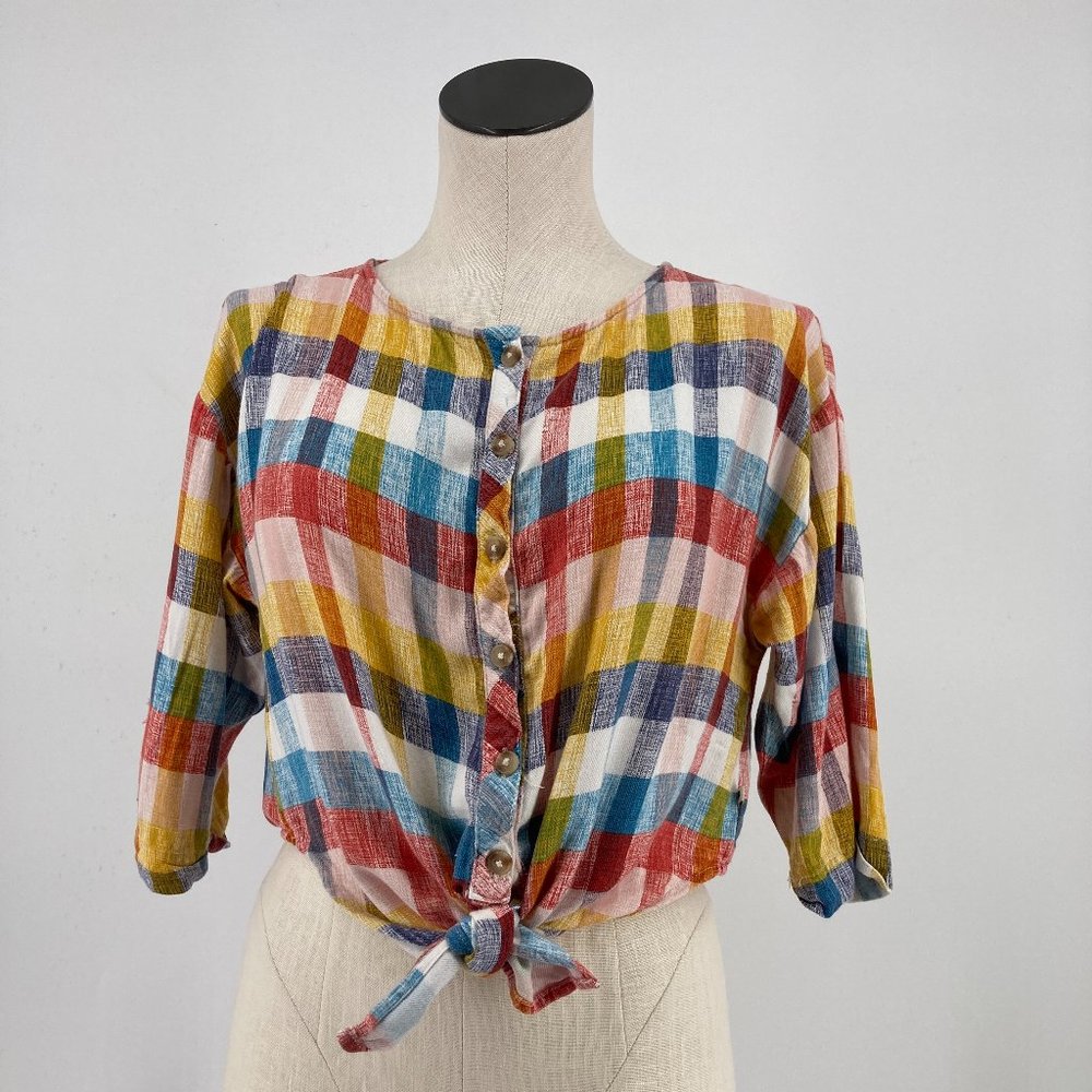 Lucky Brand Top Short Sleeve Tie Front Multicolor Plaid Size Large FLAW